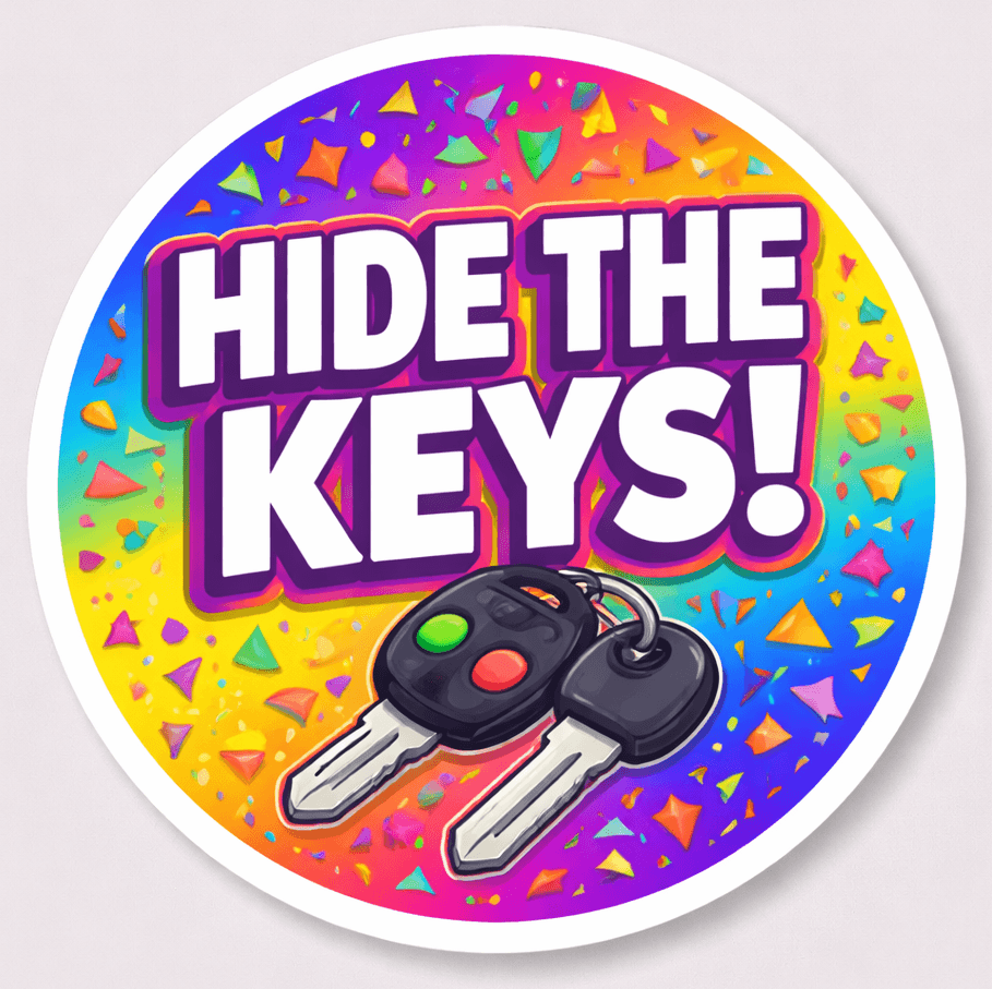 Hide the Keys! colorful sticker with car keys illustration, perfect for keeping keys safe and secure.