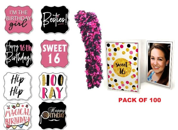 Sweet 16 Photo Booth Props Kit With Pink And Black Happy Boa Double-Sided Props And 100 Folders For Sweet Sixteen