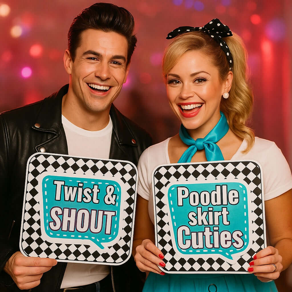 50s Fifties Themed Photo Booth Prop Set For Retro Parties Includes Three 10 Inch Square PVC Props And 12 Inch Accessory