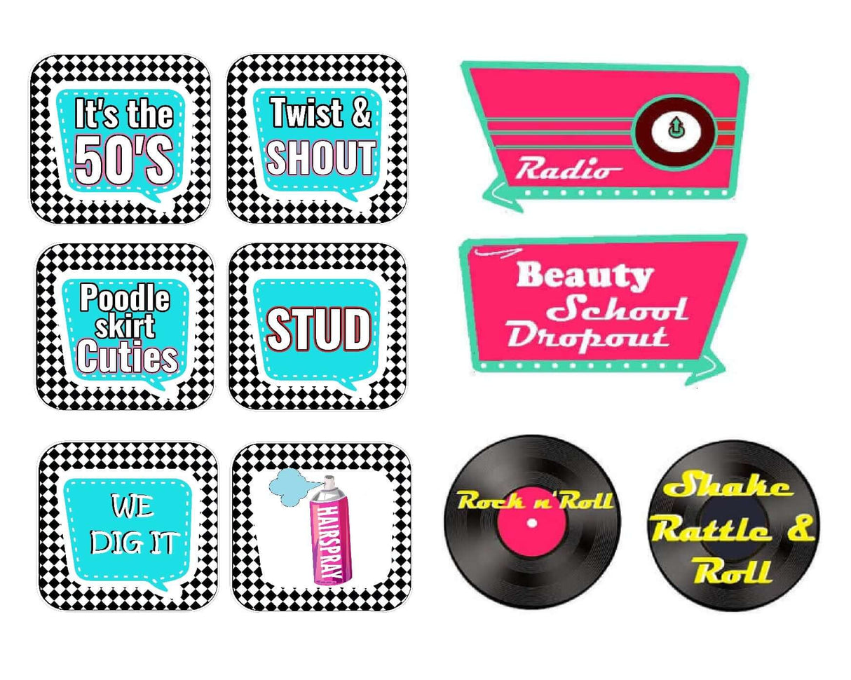 50s Fifties Themed Photo Booth Prop Set For Retro Parties Includes Three 10 Inch Square PVC Props And 12 Inch Accessory