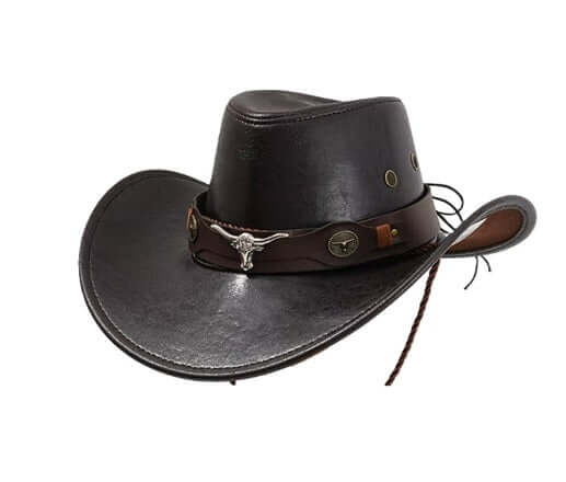 Black Cowboy Hat with faux leather finish and decorative band accents for western-themed events.