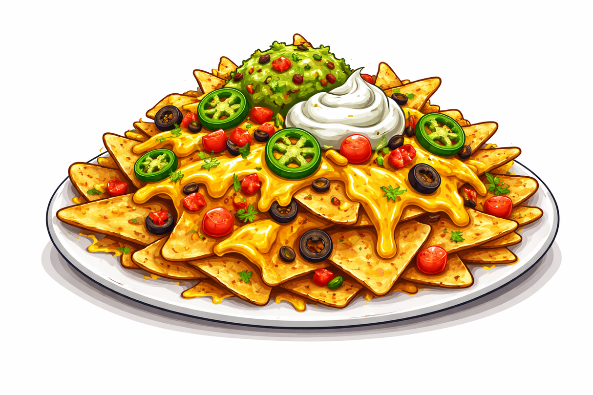Nachos?? Nachos! - Big PVC Photo Booth Prop featuring vibrant nachos with toppings on a plate.