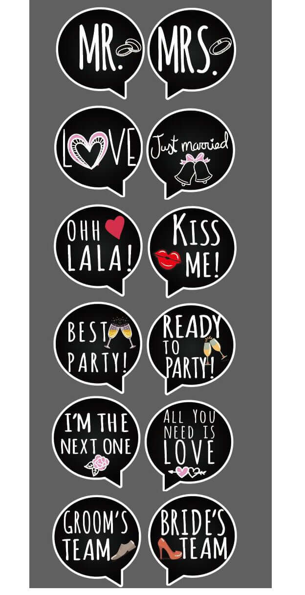 Just Married Wedding Set - 6 piece photo booth sign props in fun, colorful speech bubble designs.