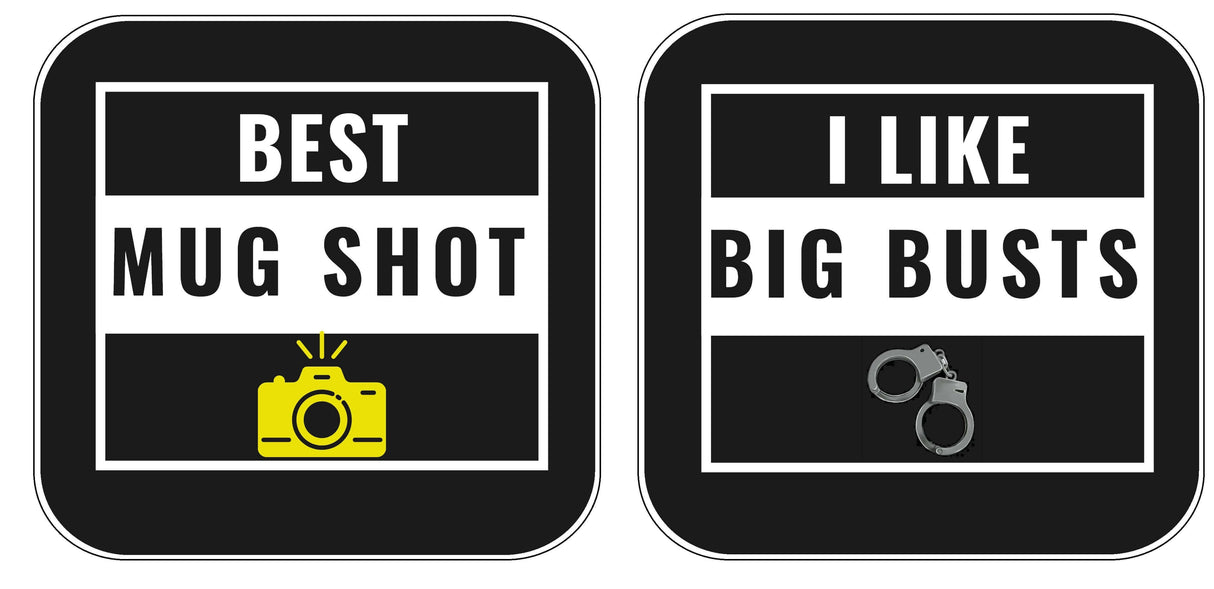 Two humorous party props: 'Best Mug Shot' with camera and 'I Like Big Busts' with handcuffs.