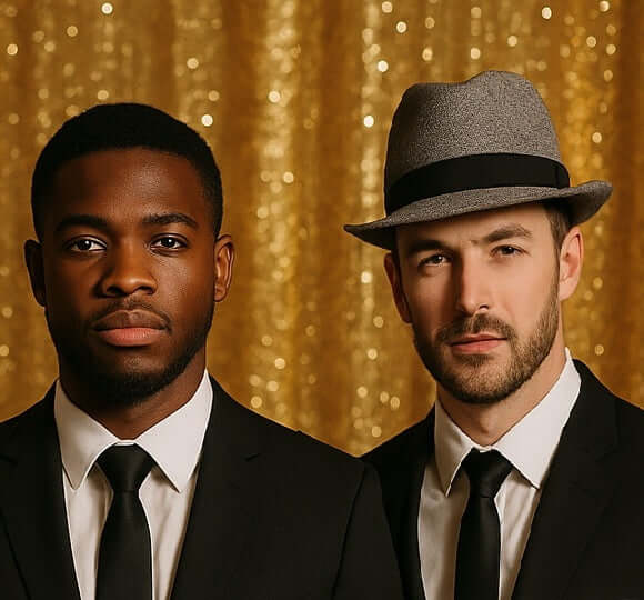 Gatsby Dark Gray Fedora worn by two men in formal attire against a gold backdrop.