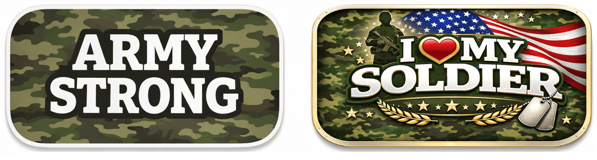 Army Strong and I Love My Soldier military themed graphics on camouflage background.