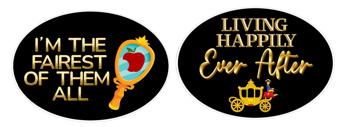 Fairytales/ Princess Party Prop Set featuring oval props with phrases: 'I’m the Fairest of Them All' and 'Living Happily Ever After'.
