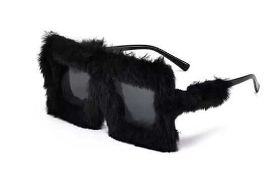 Fluffy black square sunglasses, Black Furry Glasses, fun photo booth prop for parties.