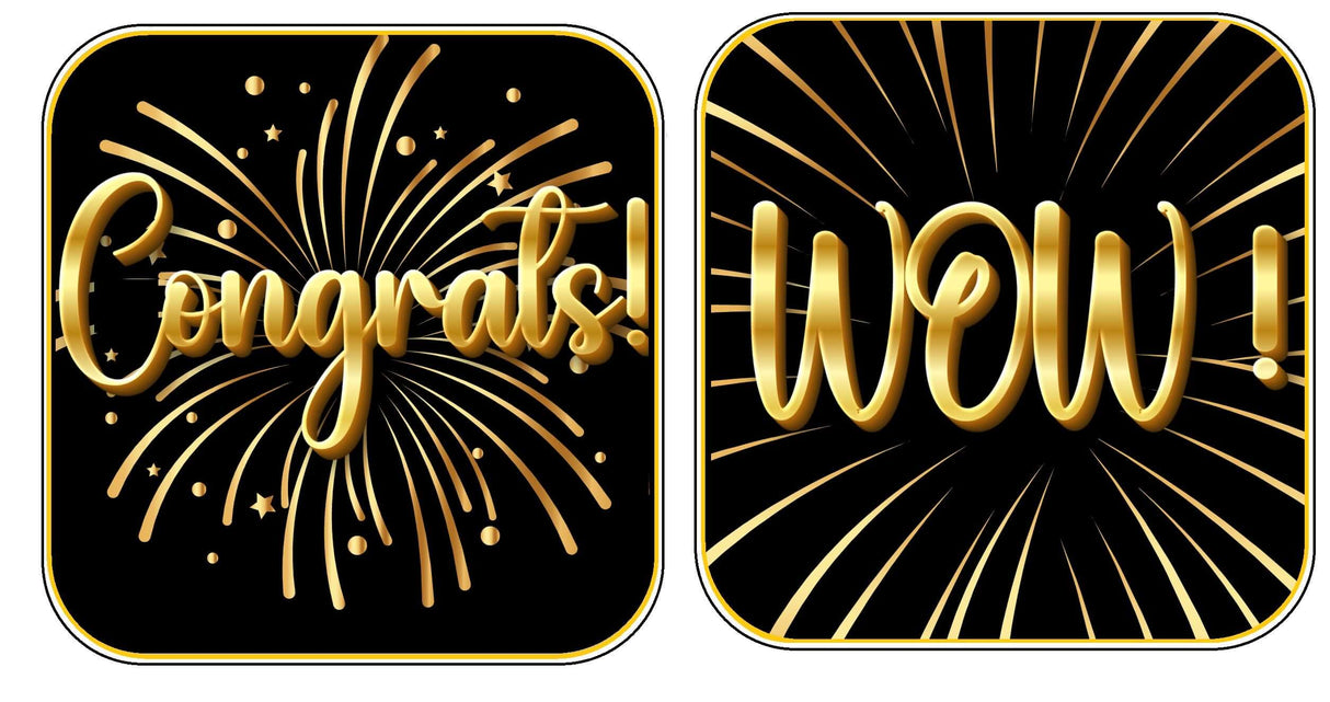 Gold 'Congrats!' and 'WOW!' signs with fireworks on a black background, perfect for celebrations and photo booths.