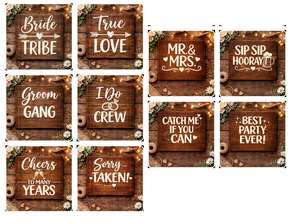 Country Wedding Photo Booth Prop Set With 5 Rustic Props And 10 Interchangeable Images