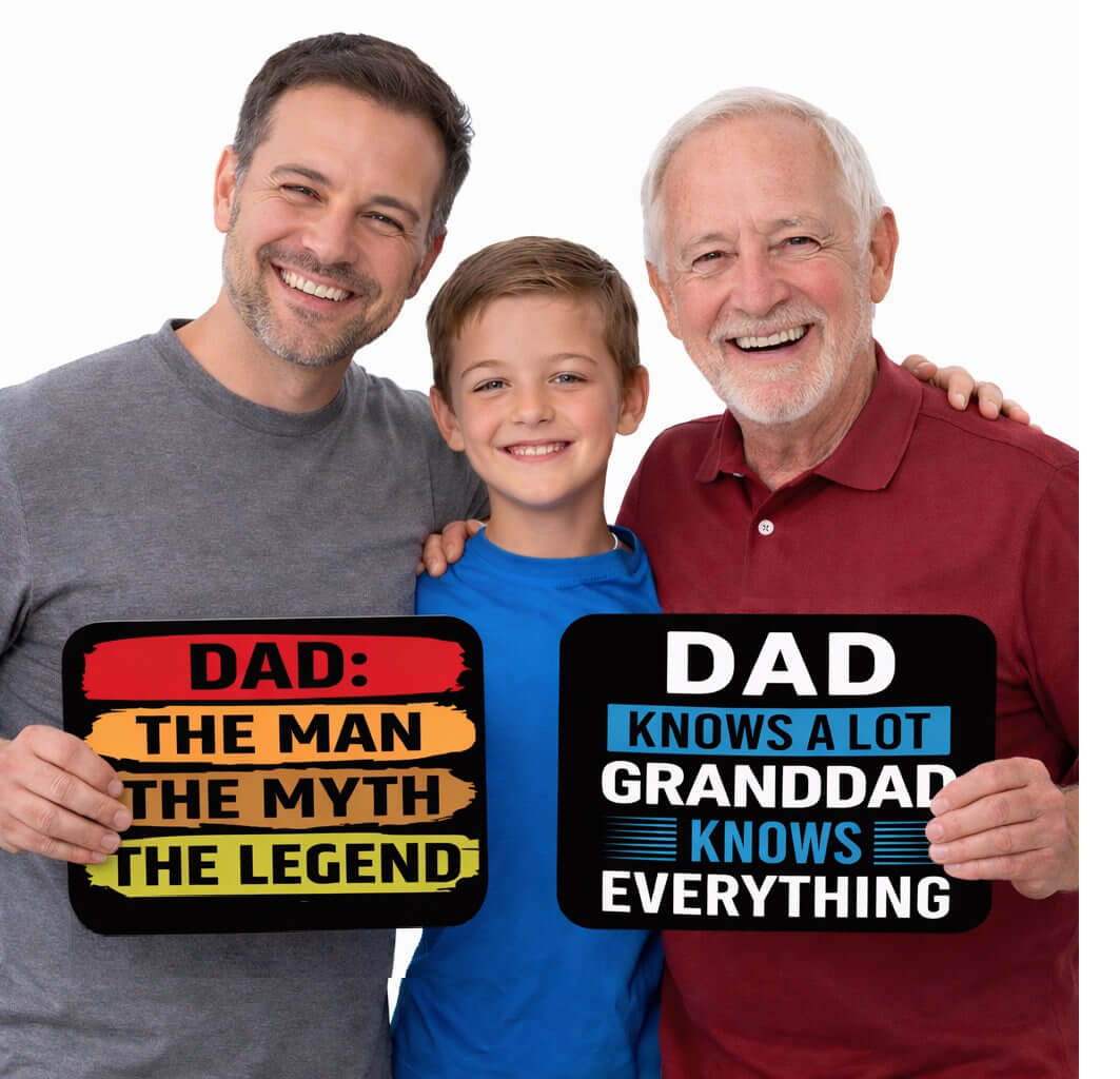 Fathers Day Prop Set featuring three generations holding colorful props celebrating fatherhood.