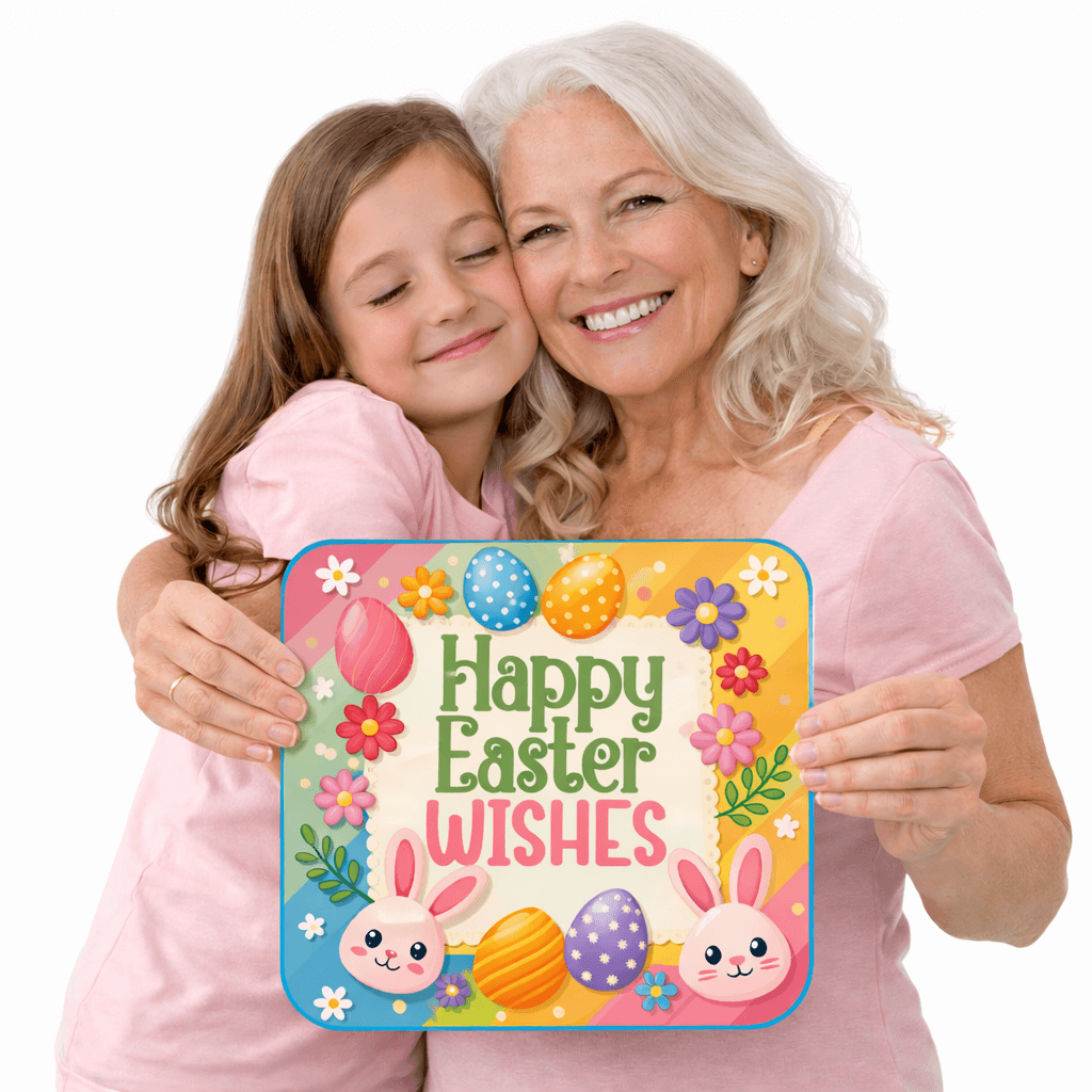 Easter Prop Set featuring colorful Happy Easter Wishes sign held by a grandmother and granddaughter, celebrating Easter.