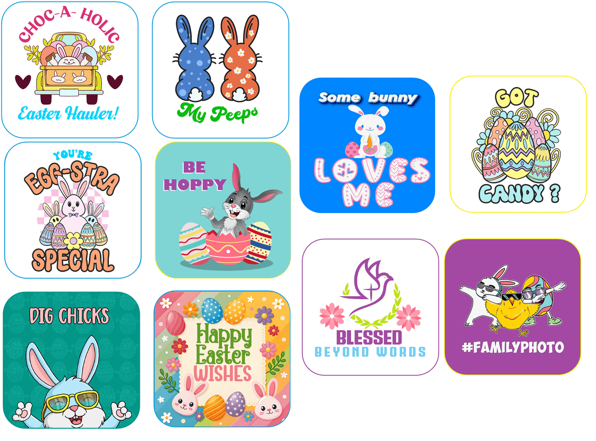Colorful Easter Prop Set featuring vibrant designs and sayings perfect for celebrations and parties.