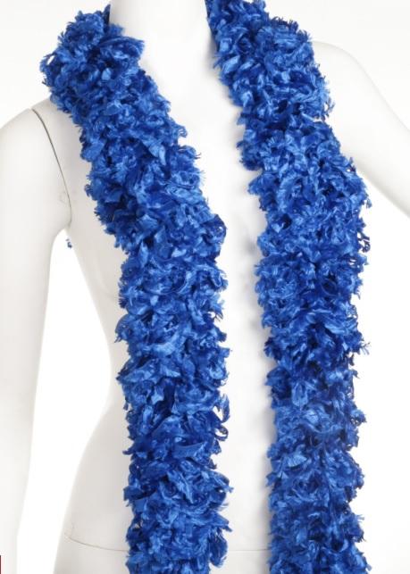Featherless blue boa showcasing vibrant color and softness, perfect for any occasion, in a tule bag for easy storage.