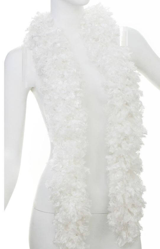 Soft featherless white boa scarf, perfect for parties, comes in a tule bag for easy storage, available in vibrant colors.