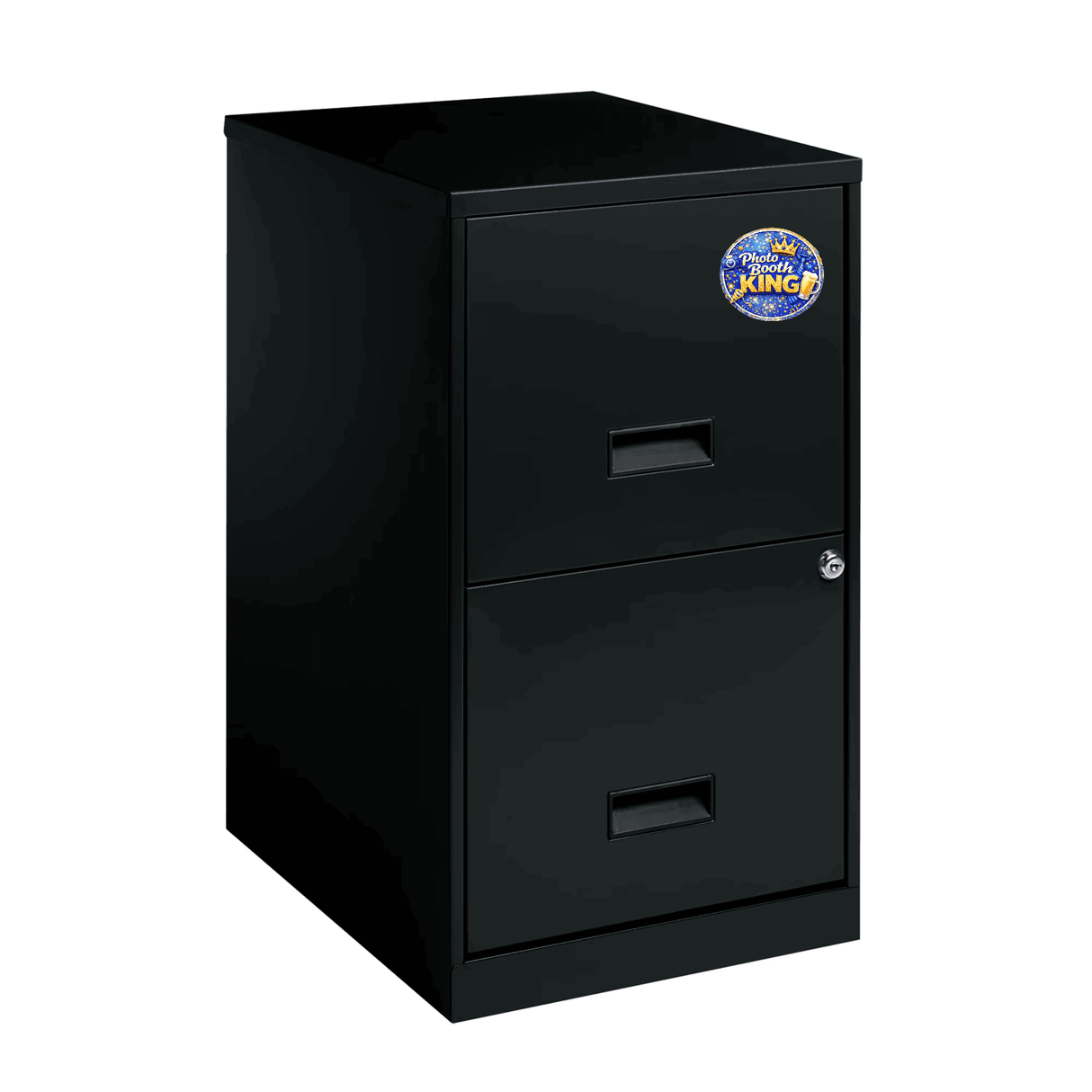 Photo Booth King Round PVC Magnet 0.025 Inch Thick For Metal Surfaces Ideal Gift And Home Decor on filing cabinet