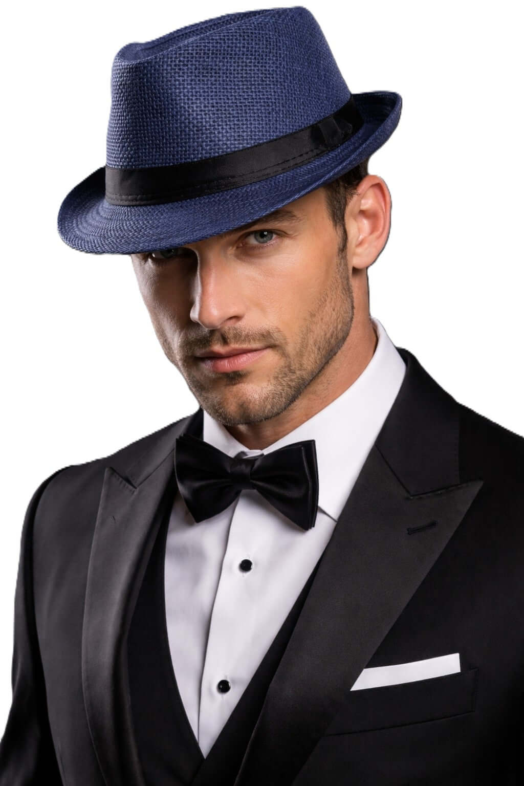 Gatsby Dark Blue Fedora worn by a man in a tuxedo, showcasing classic gangster style.