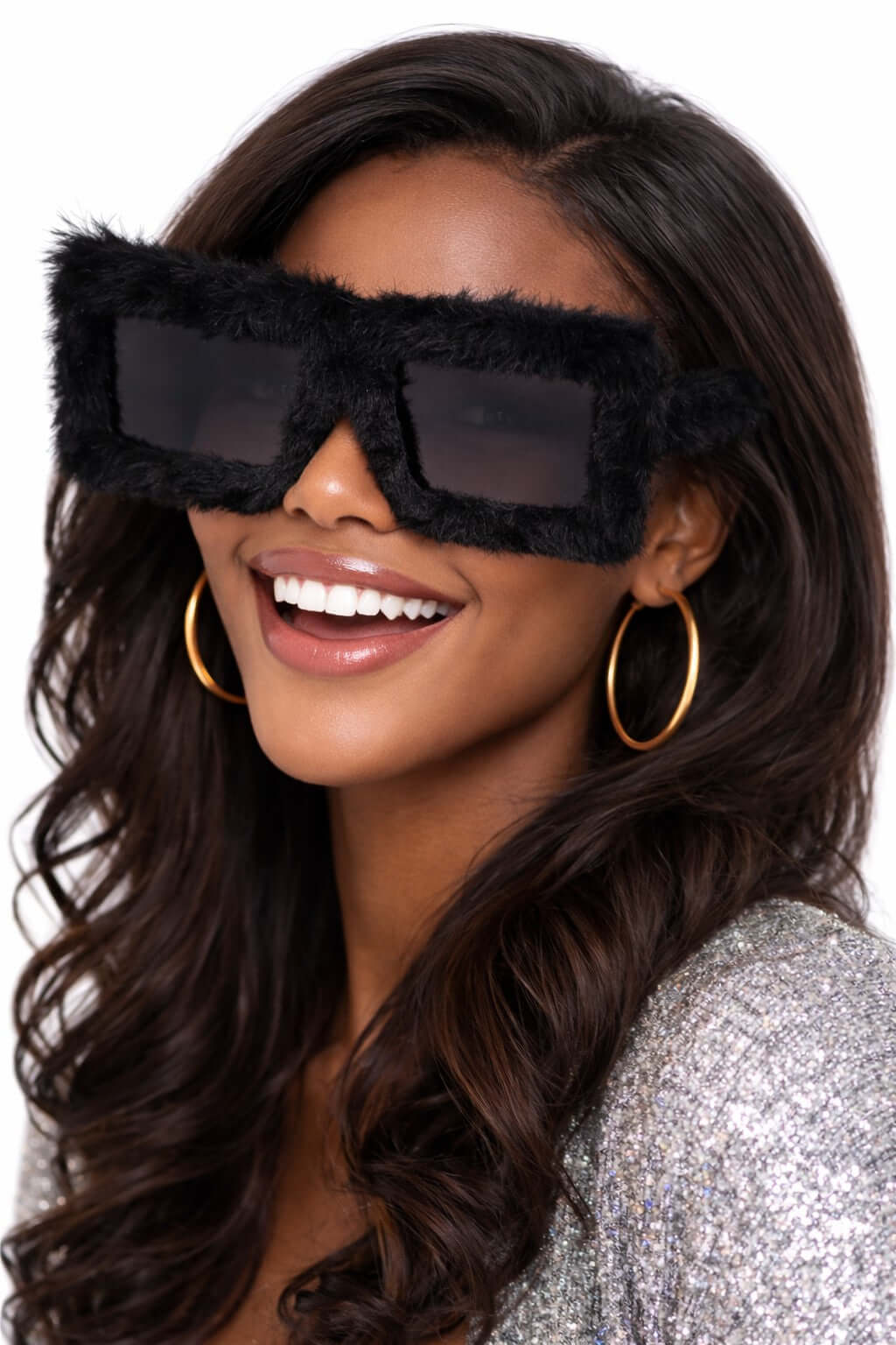 Model wearing fun Black Furry Glasses, fluffy black square sunglasses perfect for parties and photo booths.