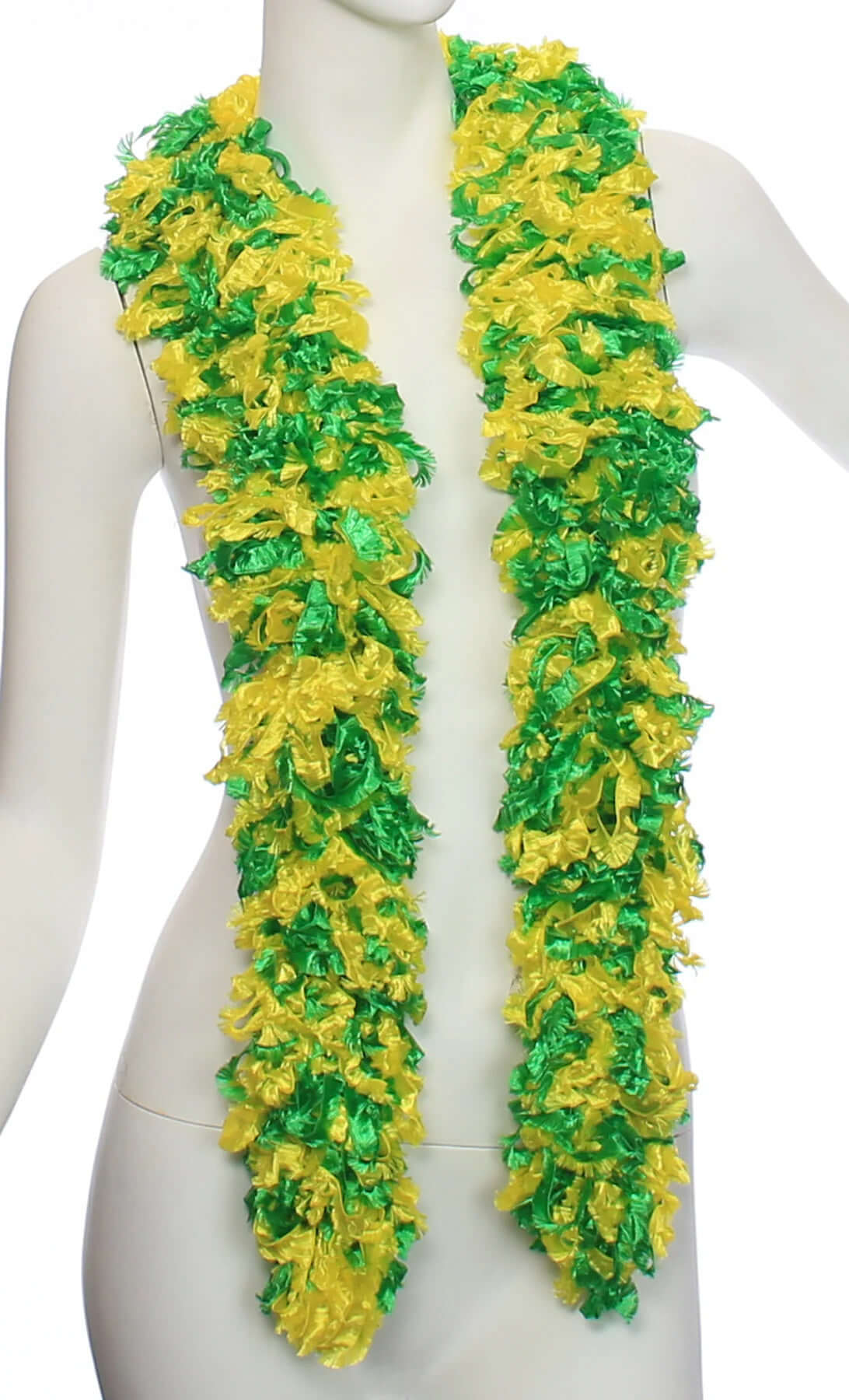 GREEN AND YELLOW mixed Featherless Boa displayed on a mannequin, showcasing its vibrant colors and design.