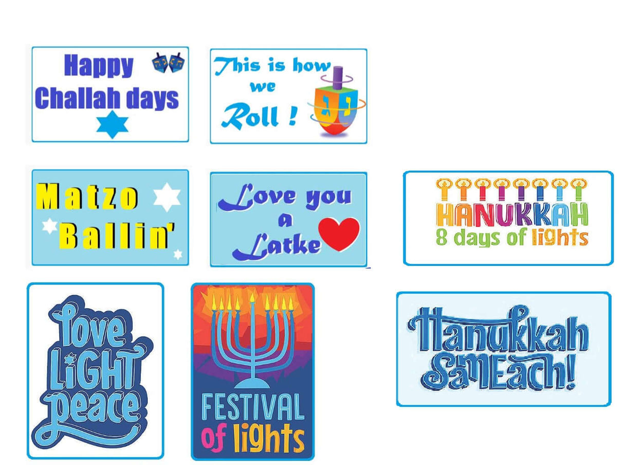 Hanukkah photo booth props featuring colorful designs and festive phrases for celebrations.