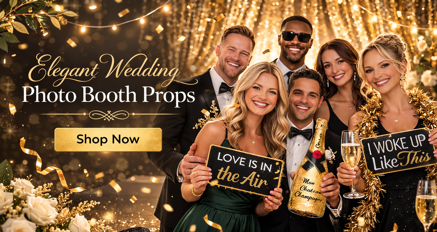 Elegant wedding photo booth props displayed at a celebration, featuring guests holding stylish signs and champagne-themed props.
