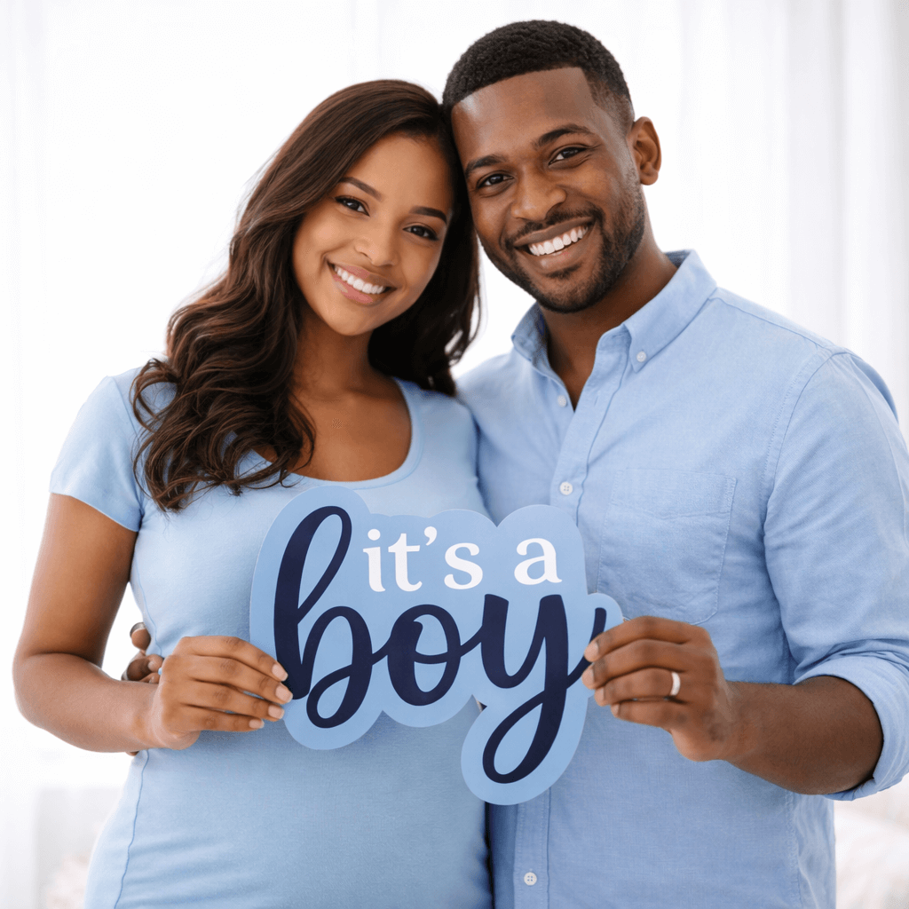 Happy couple holding a sign that says "it's a boy!" celebrating their new arrival, perfect for baby shower props.