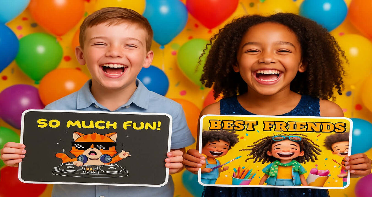 Kids smiling and holding colorful party props saying 'So Much Fun!' and 'Best Friends!' against bright balloon backdrop.