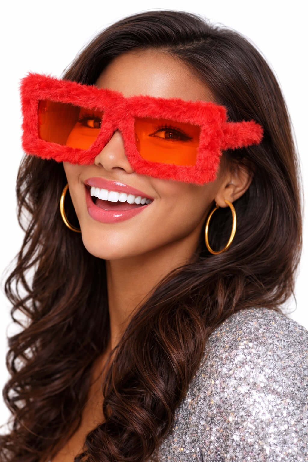 Model wearing Red Furry Glasses, smiling brightly in glittering attire, showcasing fun party eyewear.
