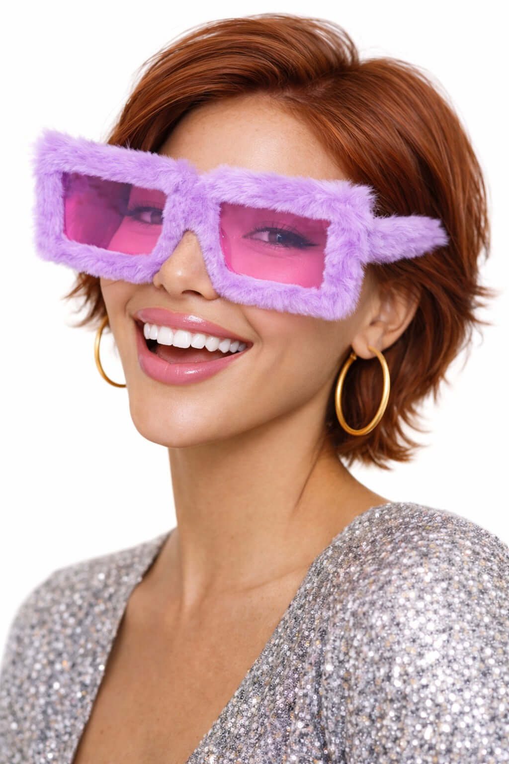 Light Purple Furry Glasses worn by a smiling woman in a sparkly outfit, perfect for parties and photo booths.
