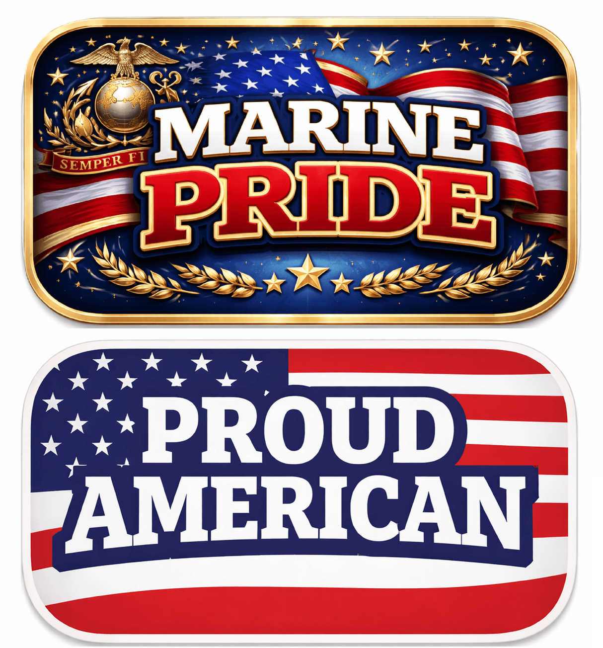 Marine Pride and Proud American graphic designs featuring patriotic themes with flags and emblems.