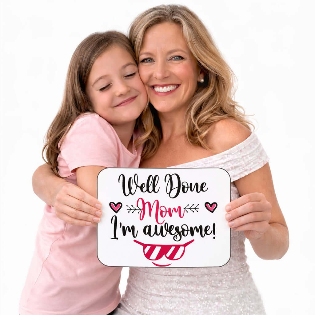 Mothers Day Prop Set featuring a joyful mom and daughter holding a sign that says 'Well Done Mom I'm awesome!'. Vibrant and colorful.