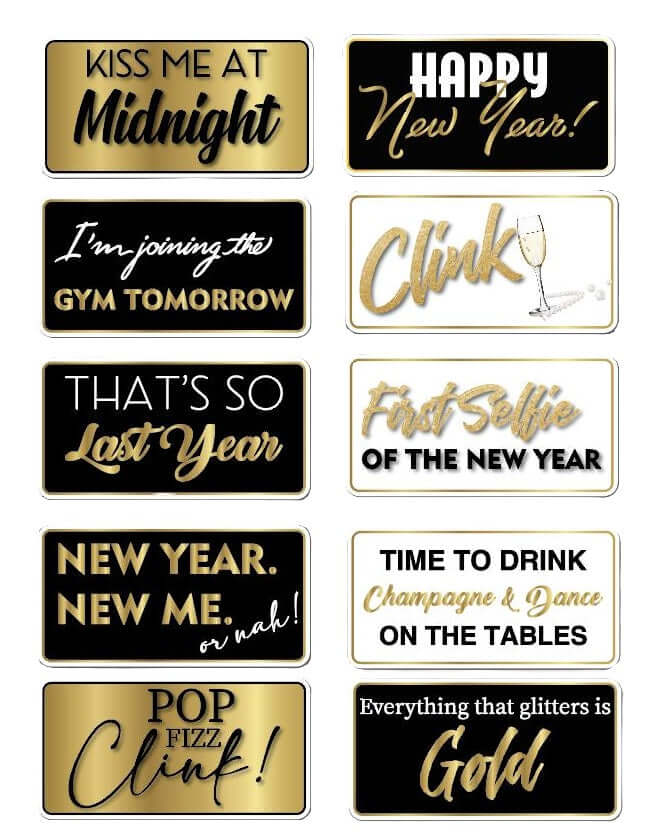 New Years Celebration - Photo Booth Prop Set (5 pieces) featuring elegant signs for festive fun.