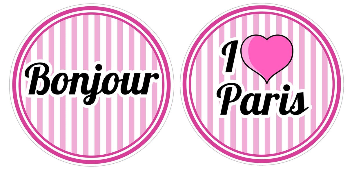 Colorful round Paris party props with 'Bonjour' and 'I ❤️ Paris' designs, perfect for vibrant celebrations.