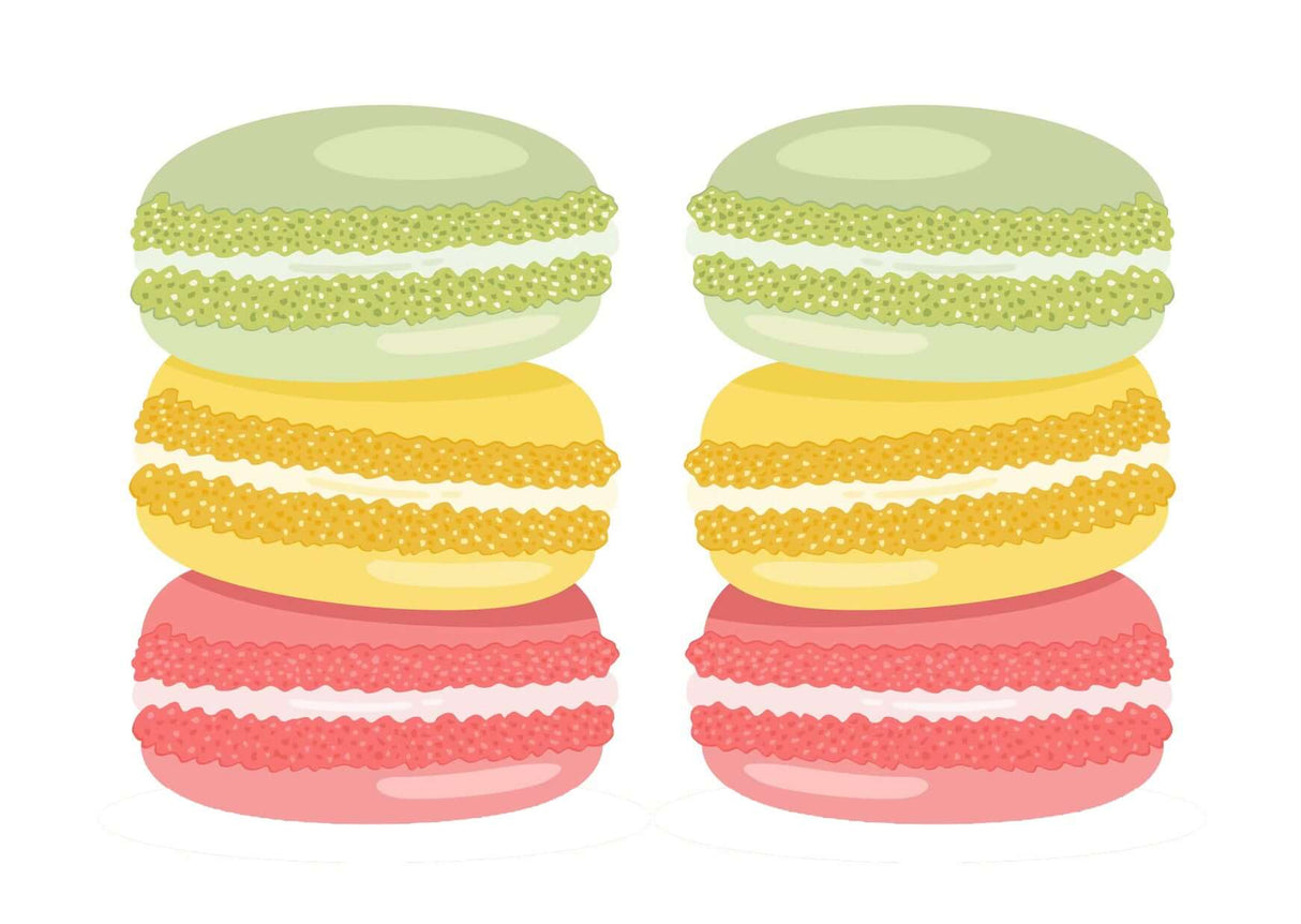 Colorful stacked macarons in green, yellow, and pink, showcasing a delightful assortment of sweets.