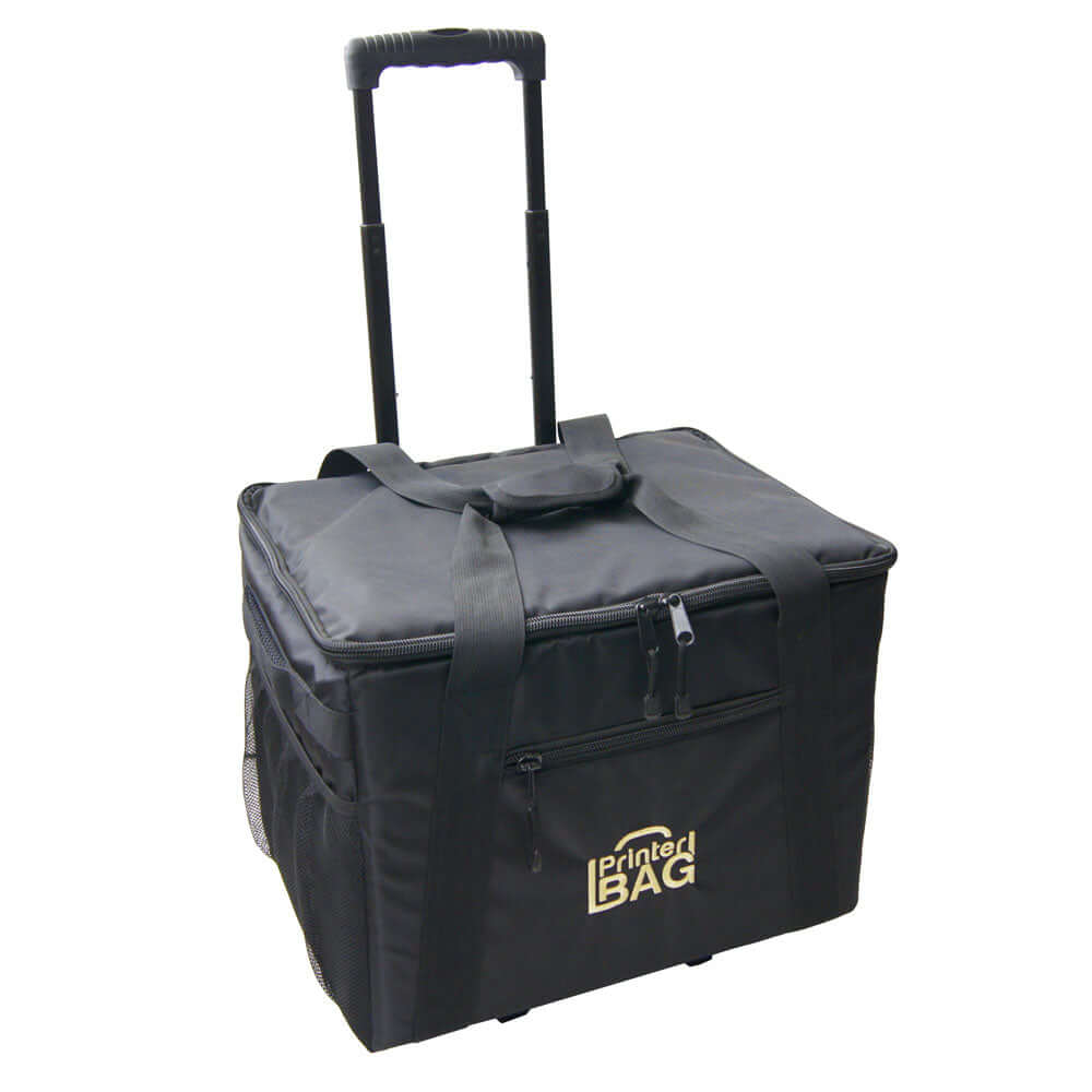 Black rolling printer bag with sturdy handles for easy transport, ideal for photo printer bundles and accessories.