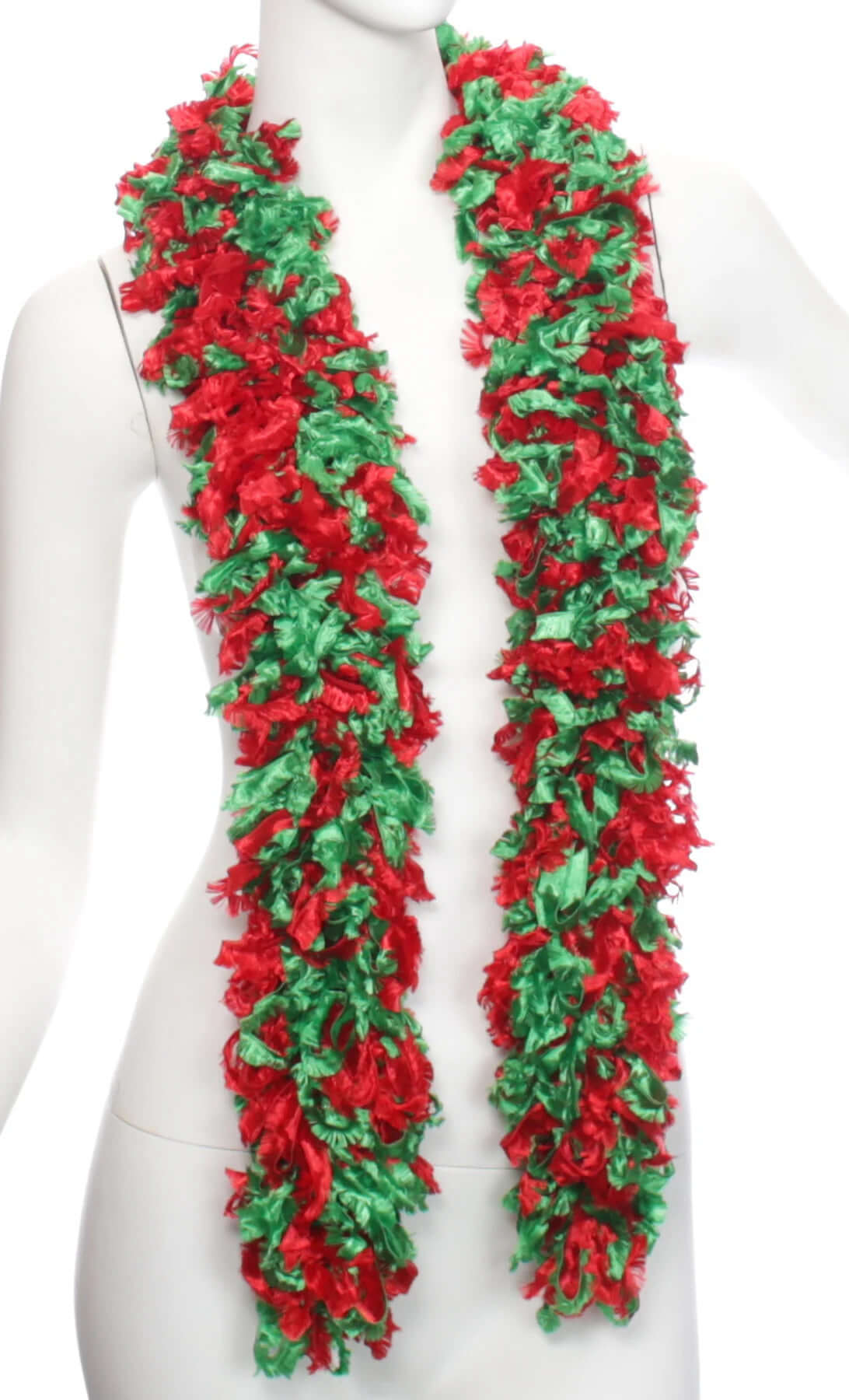 GREEN AND RED mixed Featherless Boa draped elegantly on a mannequin, showcasing its vibrant colors.