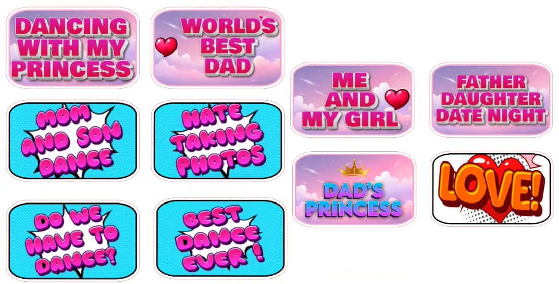 Colorful photo booth props for father-daughter and mother-son dances, featuring fun phrases and high-quality design.