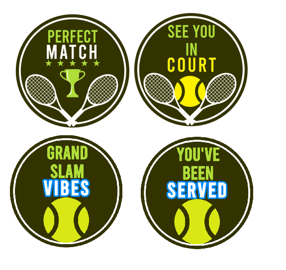 Tennis Time Double Sided Prop For Photography And Content Creation Limited Edition 10 Inch Round Display featuring four playful tennis-themed designs.