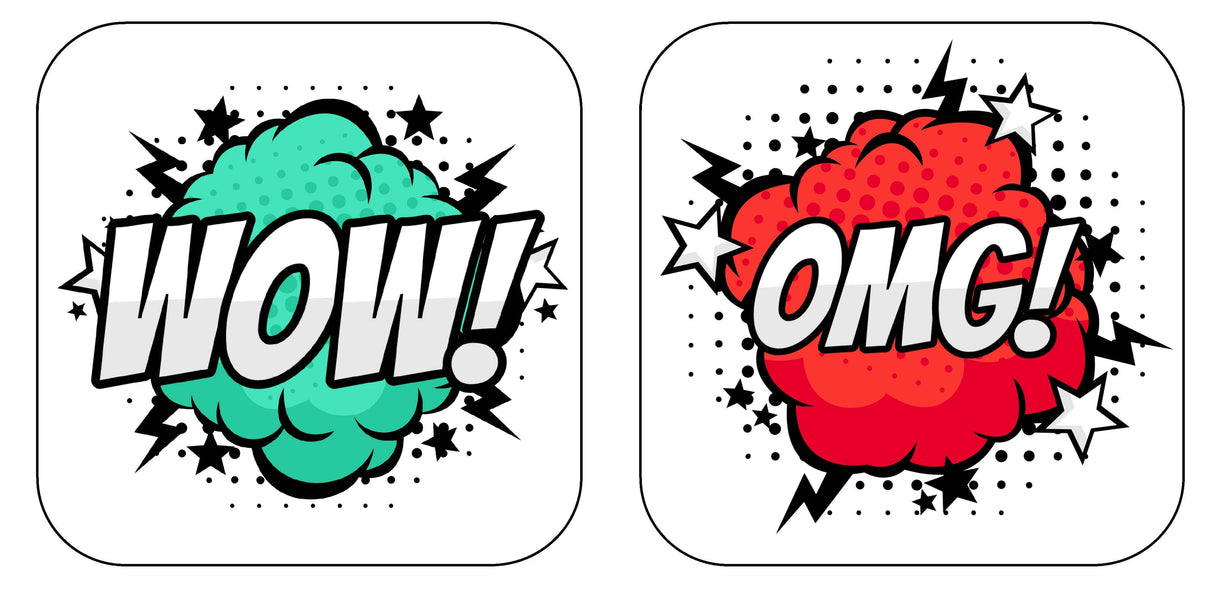 Colorful explosive word props 'WOW!' and 'OMG!' ideal for party decorations or events with vibrant designs.