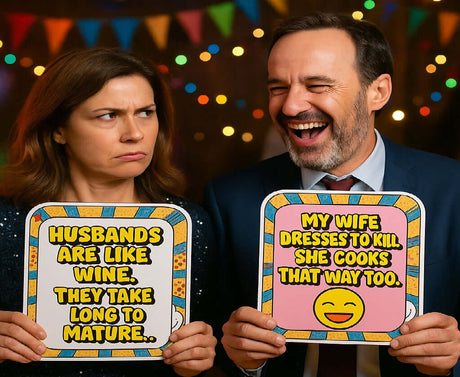 Funny Photo Booth Props showcasing humorous signs about relationships and cooking with a playful atmosphere.