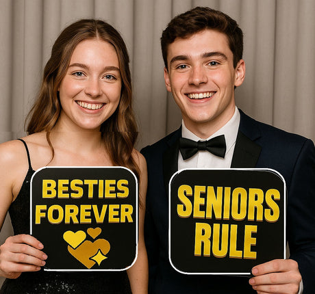 Graduation & Prom Photo Booth Props featuring smiling teens holding signs that say 'Besties Forever' and 'Seniors Rule'.
