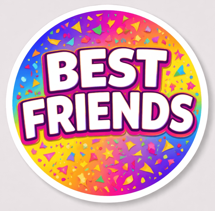 Best Friends sticker with colorful confetti design and bold text for friendship celebrations.