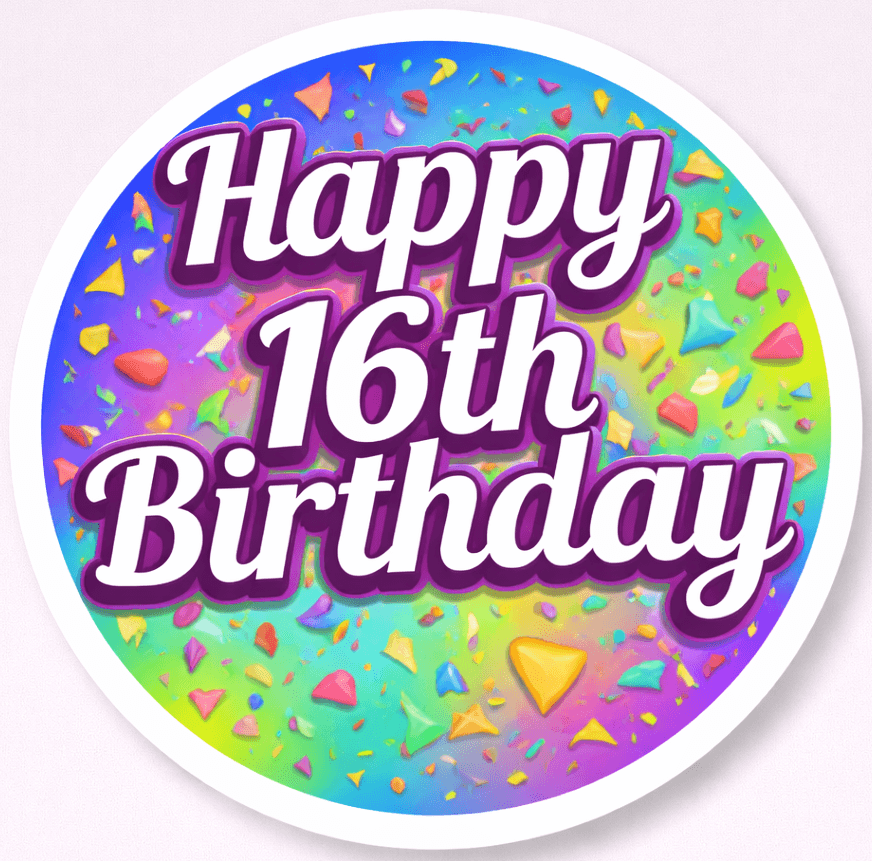 Happy 16th Birthday sign with colorful confetti in a vibrant circle design for celebrations.