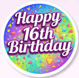 Happy 16th Birthday sign with colorful confetti in a vibrant circle design for celebrations.