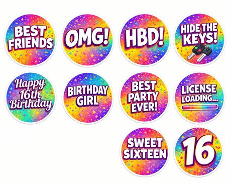Sweet Sixteen New Collection Photo Booth Props Set 10 Inch Tall For Party Decor And Fun Moments including colorful phrases.