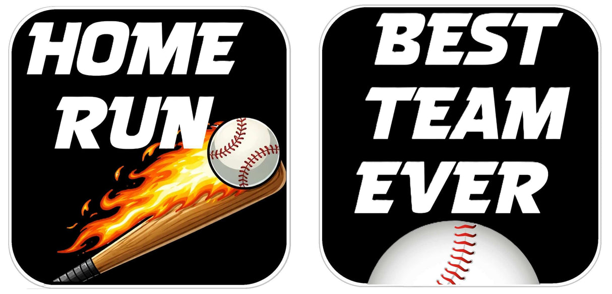Baseball Prop Set Three 10 Inch Square Props For Parties Photo Booths And Event Decor featuring Home Run and Best Team Ever signs.