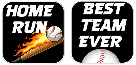 Baseball Prop Set Three 10 Inch Square Props For Parties Photo Booths And Event Decor featuring Home Run and Best Team Ever signs.