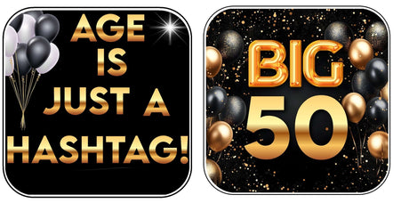 Birthday marks black and gold photo booth props featuring fun hashtags and big age signs, perfect for celebrations.