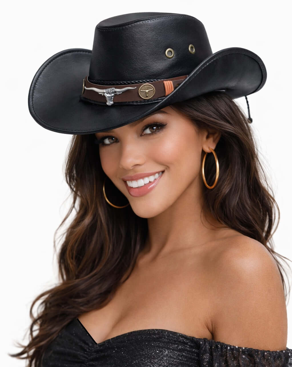 Stylish woman wearing a Black Cowboy Hat with decorative band, perfect for western-themed events.
