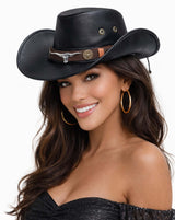 Stylish woman wearing a Black Cowboy Hat with decorative band, perfect for western-themed events.